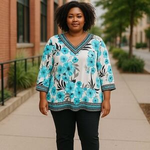 JM Collection Blue and White Graphic Tunic with 3/4 Sleeves